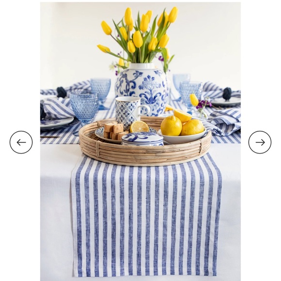 Solino Home Striped Blue and White Table Runner in 100% Linen. 14”x48”. New. - Picture 2 of 6